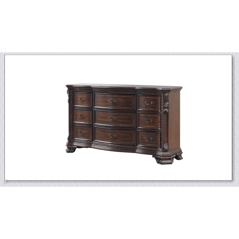 Commode 9 tiroirs de style traditionnel avec poignées de tiroir en métal, fabriquée en bois au fini noyer foncé