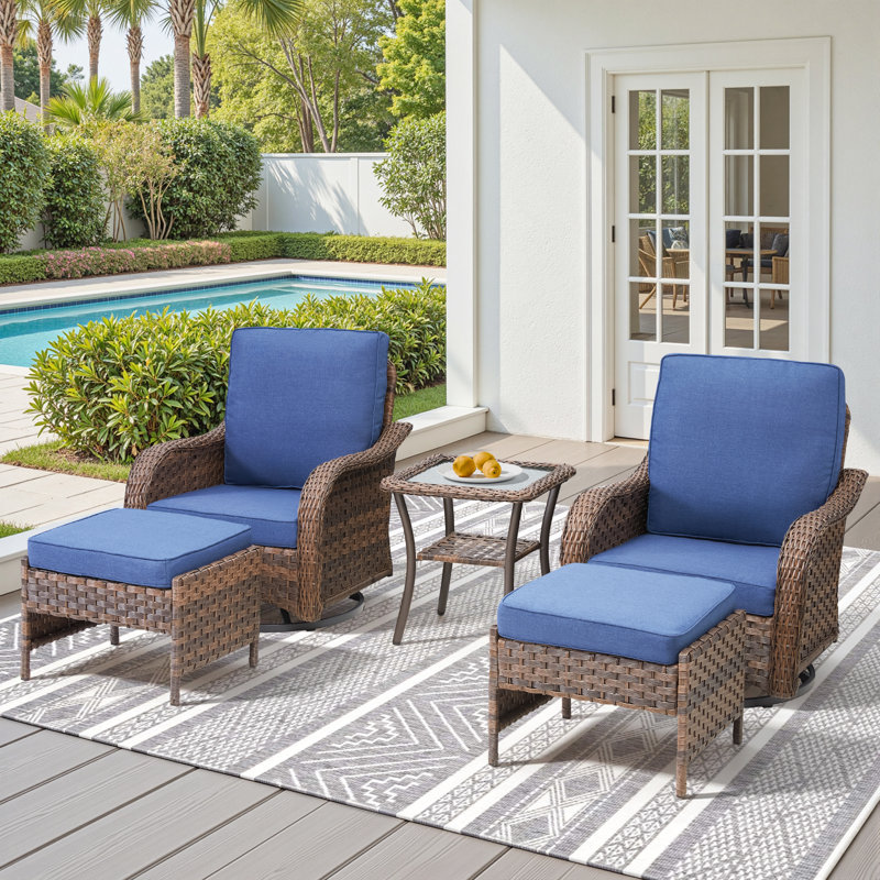 Outdoor Wicker Swivel Chairs With Ottoman & Side Table Set – 2 Swivel Chairs, 2 Ottomans, And 1 Side Table For Patio, Porch, Garden & Poolside