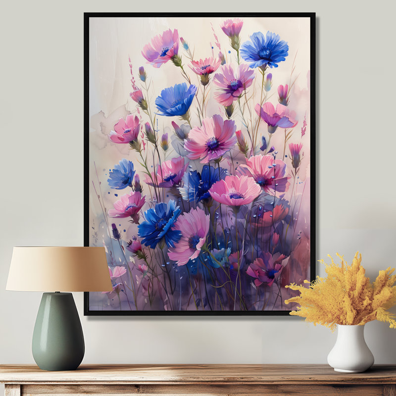 Bleu bleu printemps, champ de bleuets III, art mural bleuets, Toile avec cadre flottant noir, H 40 po x l 30 po x P 1,5 po