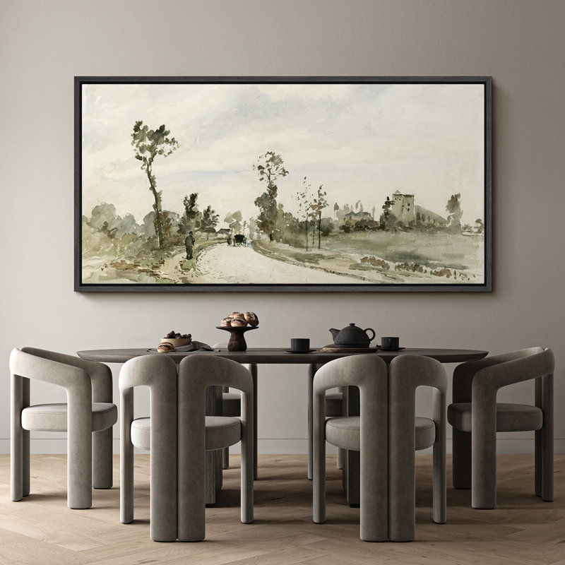 Paysage de campagne paisible à l'aquarelle, H 30 po x l 60 po, Noir, noir, noir, noir