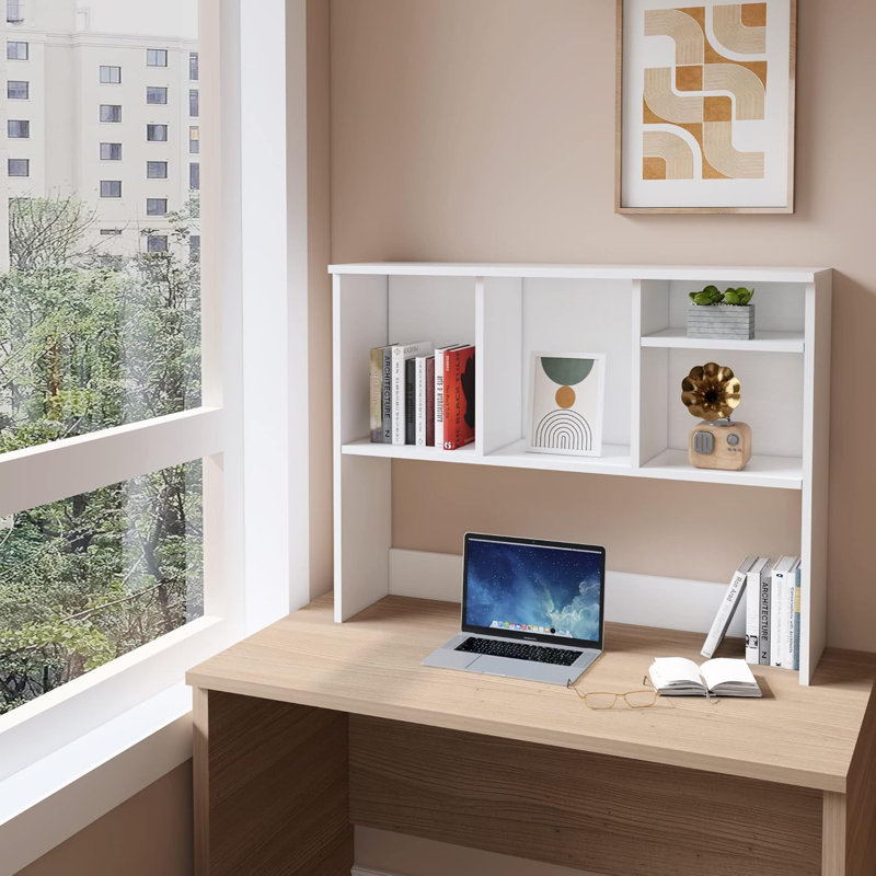 Ebern Designs Desk Bookshelf, Office Desktop Storage Rack Wood Display Shelf, Ivory White