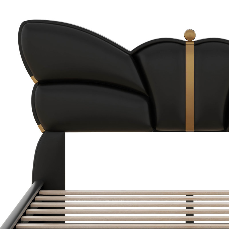 Structure de lit double avec tête et pied de lit papillon, lit plateforme tapissier en similicuir avec décor en métal doré