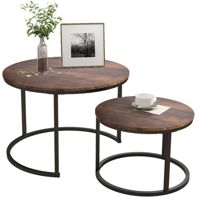 Industrial Round Coffee Table Set Of 2 End Table For Living Room,Stacking Side Tables, Sturdy And Easy Assembly,Wood Look Accent Furniture With Metal