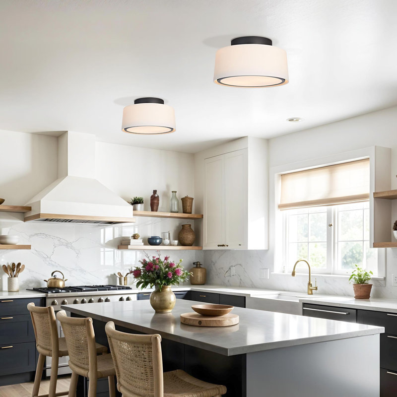 Modern Black Flush Mount – Black and Ivory White Linen Fabric Hardwired Ceiling Light Fixture for Bedroom, Kitchen, Living Room, and Entryway in Modern and Transitional Styles