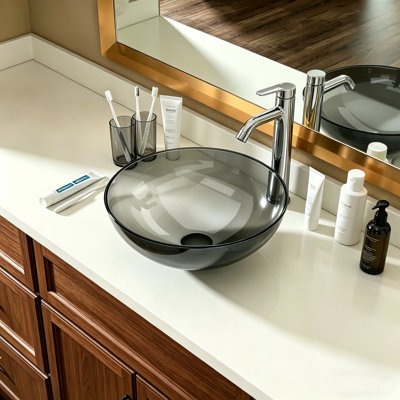 16" Round Tempered Glass Vessel Sink, Smoky Gray Above Counter Bathroom Sink, Modern Glass Wash Basin with Drain