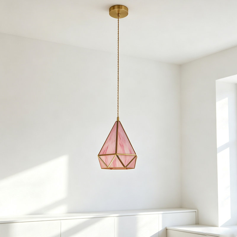  Luminaire suspendu rose simple avec abat-jour en forme de losange et ampoule à DEL 3 couleurs