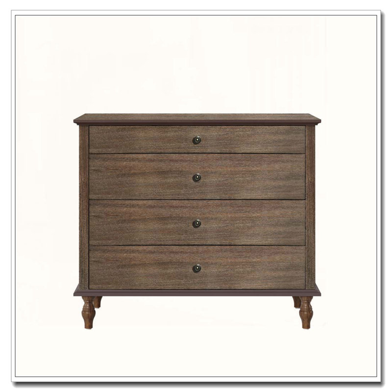 Grande commode à 4 tiroirs avec pied en bois massif, Brun rustique profond