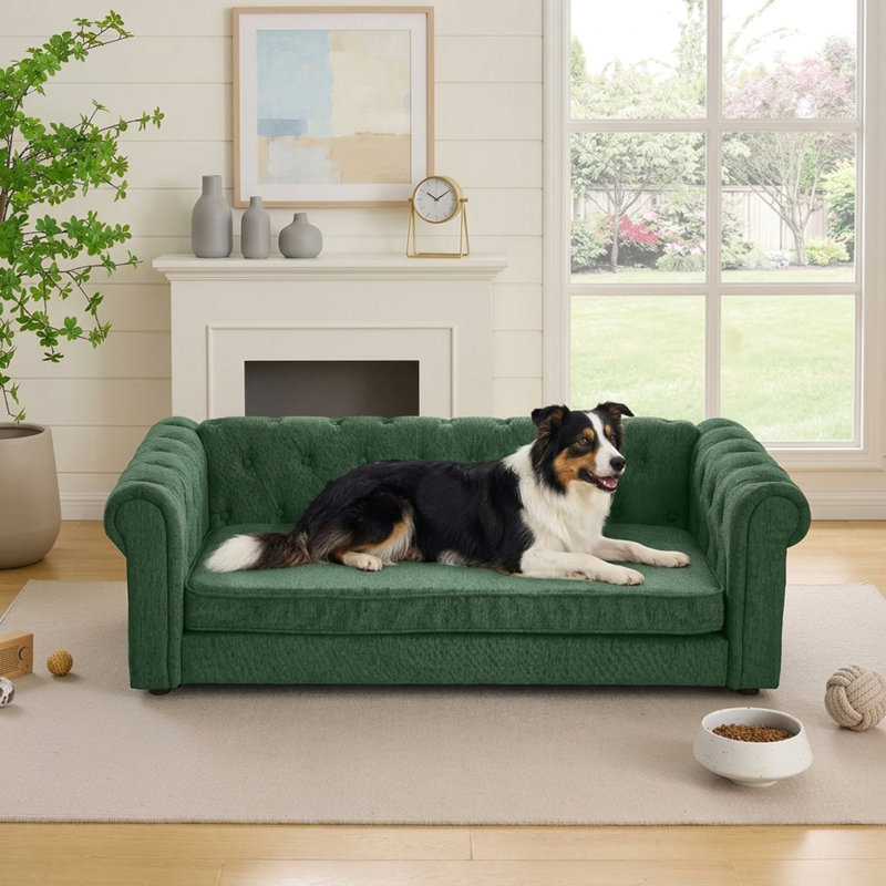 Sofa rectangulaire pour chien avec accoudoirs et dossier, Vert olive