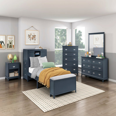 Navy Blue Finish Twin Platform Bed With Bookcase Headboard Drawers Hidden Desk Stool Footboard Storage Bench Bedroom Furniture 1pc