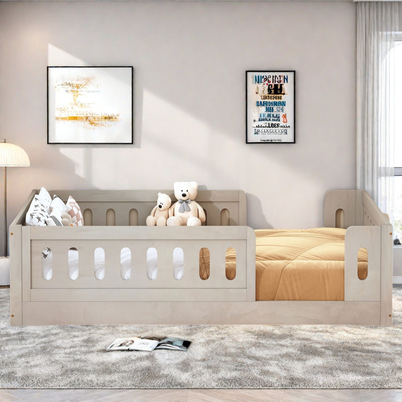 Wooden Platform Bed With Semi-enclosed Fence, Natural
