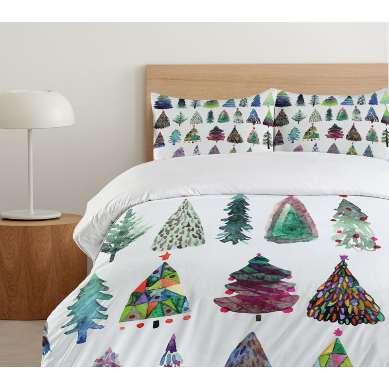 King Size Watercolor Christmas Fir Trees Duvet Cover Set