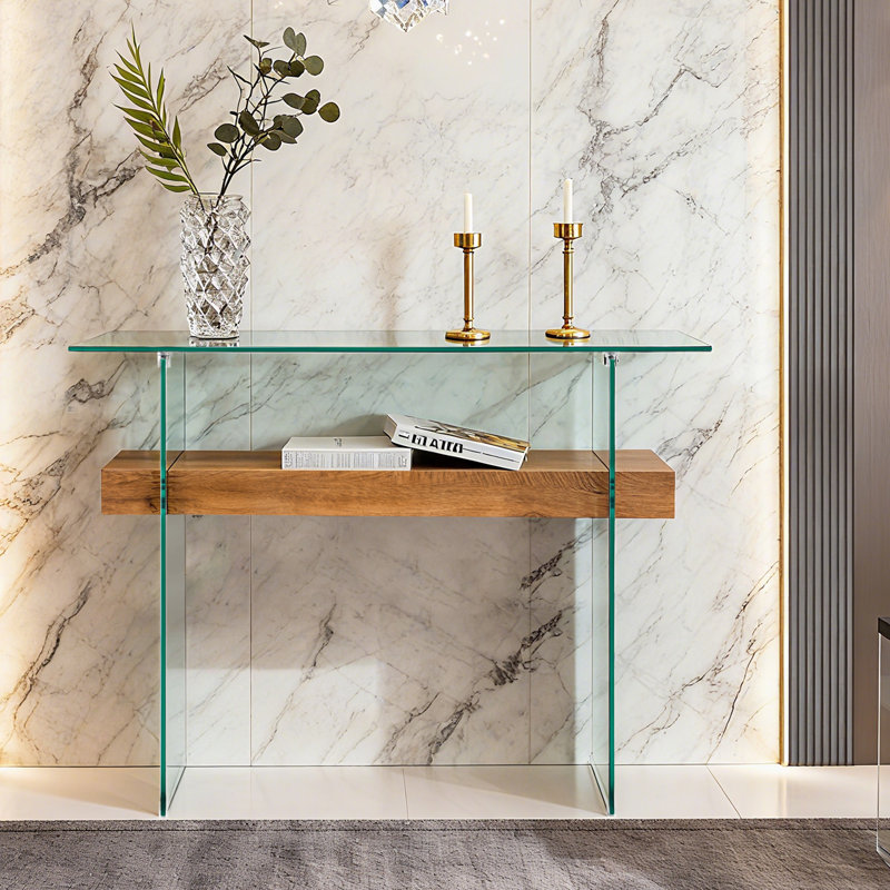 Tempered Glass Console Table with Shelf, Oak, 31.5"H x 39.4"W x 13.8"D
