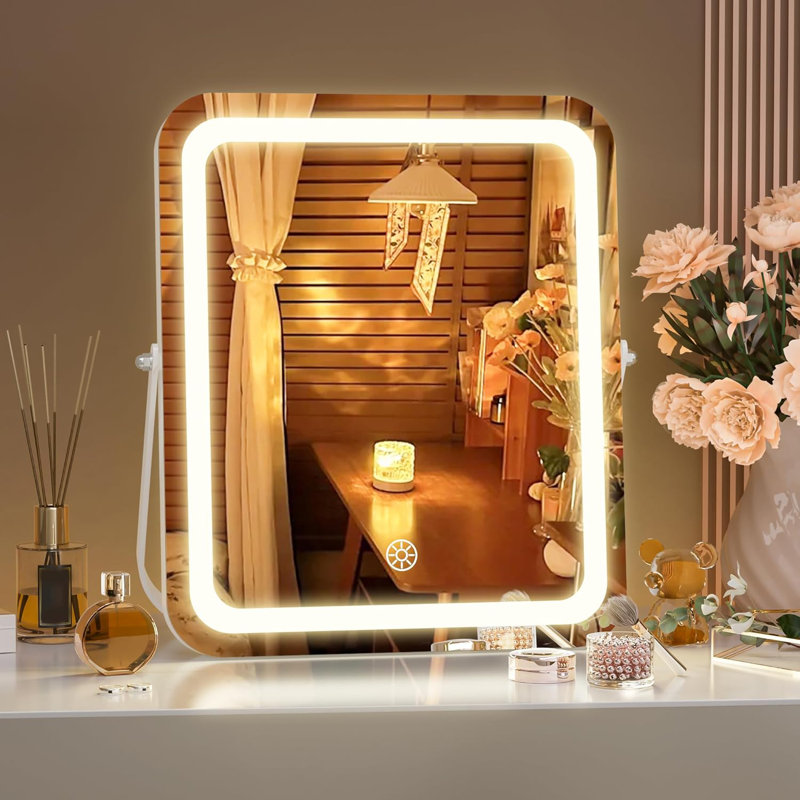 Miroir de maquillage à DEL avec éclairage réglable, 3 modes de couleur, contrôle tactile intelligent, rotation à 360 °, miroir de coiffeuse à intensité variable pour une application précise