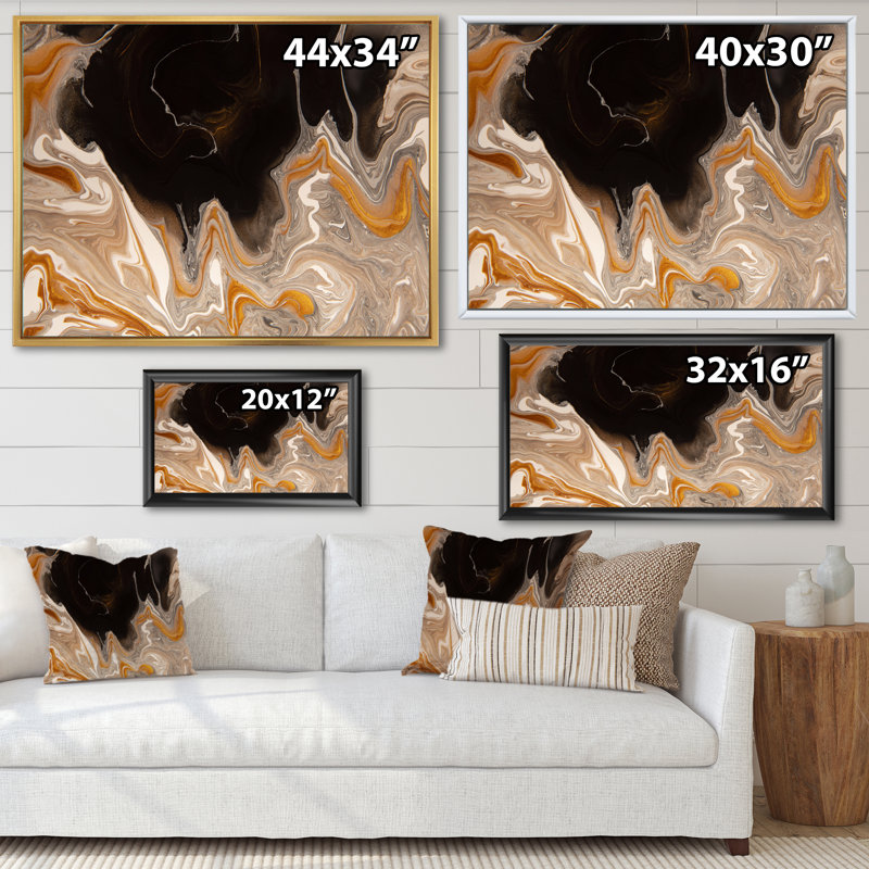 Vagues de marbre brun et noir - Peinture sur toile, H 24 po x l 32 po, Cadre flottant blanc