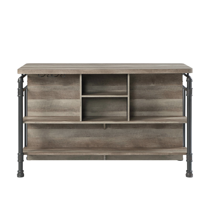 Îlot de cuisine à 5 tablettes en chêne antique et gris sable, offrant une grande capacité de rangement pour les verres à bouteilles, un plateau de table avec des pieds en métal robustes