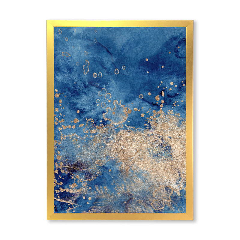Abstrait classique bleu et or II - peinture sur toile, H 40 po x l 30 po, Cadre doré à coins fermés