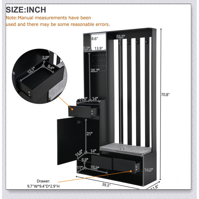 Arbre d'entrée contemporain avec banc de rangement, panneau perforé et grands compartiments pour les entrées organisées, Noir