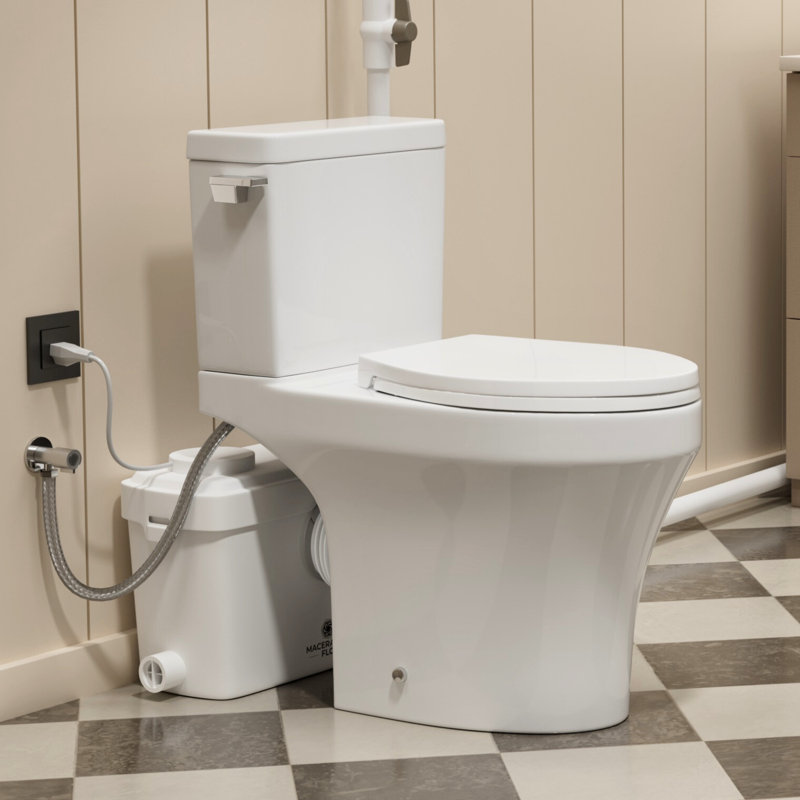 600W Macerating Toilet System with Rear Discharge, Quiet Upflush Pump for Basement, Two Extension Pipes and  P-Trap Compatible