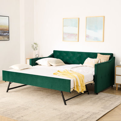 Lit de jour simple rembourré avec couchette pratique et charge sur le bras droit, d'inspiration Mid-Century, dossier à boutons, accoudoirs en forme de vagues, design élégant, décoration des accoudoirs, fabrication en contreplaqué pour la maison