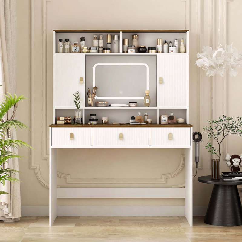 Coiffeuse Farmhouse avec miroir lumineux et rangement