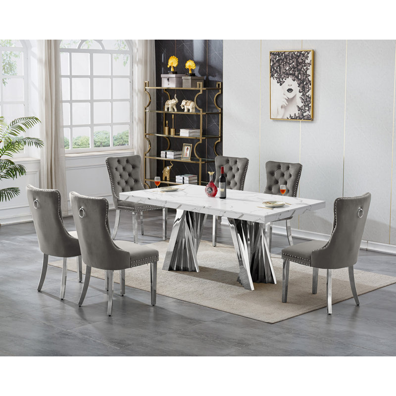 Modern Faux Marble Dining Table Set, Luxury 70.8" Dining Room Table with Velvet Upholstered Chairs, Luxurious Kitchen Table with Lightning Stainless Steel Pedestal, Rectangle Dining Table Set