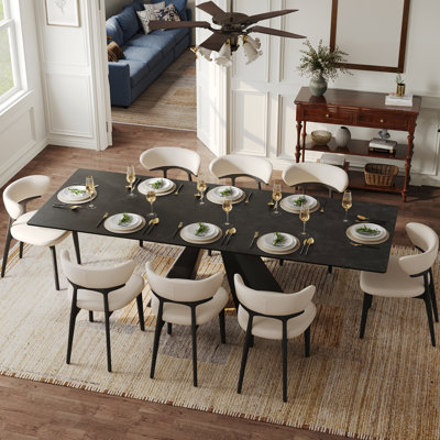 Drennen 63-95" Modern Extendable Dining Table Set With 8 Fully Assembled Faux Leather Dining Chairs, Dark Grey Sintered Stone Table Top