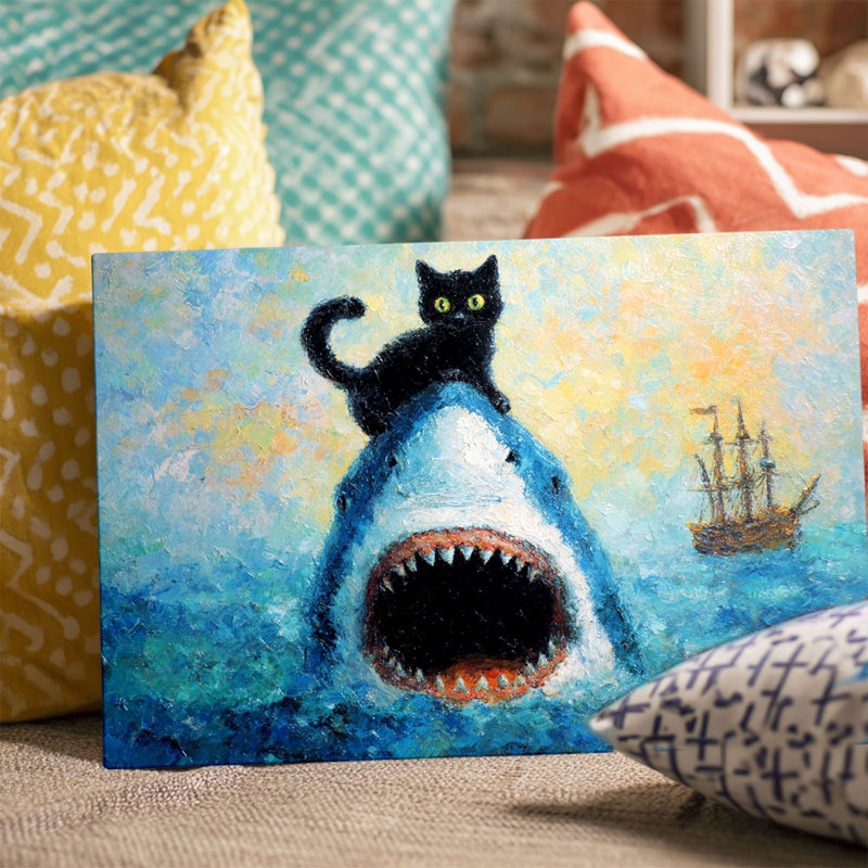 Whimsical Black Cat on Shark Canvas Wall Art (Nautical Humor) Stretched Frame for Eclectic Studio, 24*18 inch (60*45*2cm)