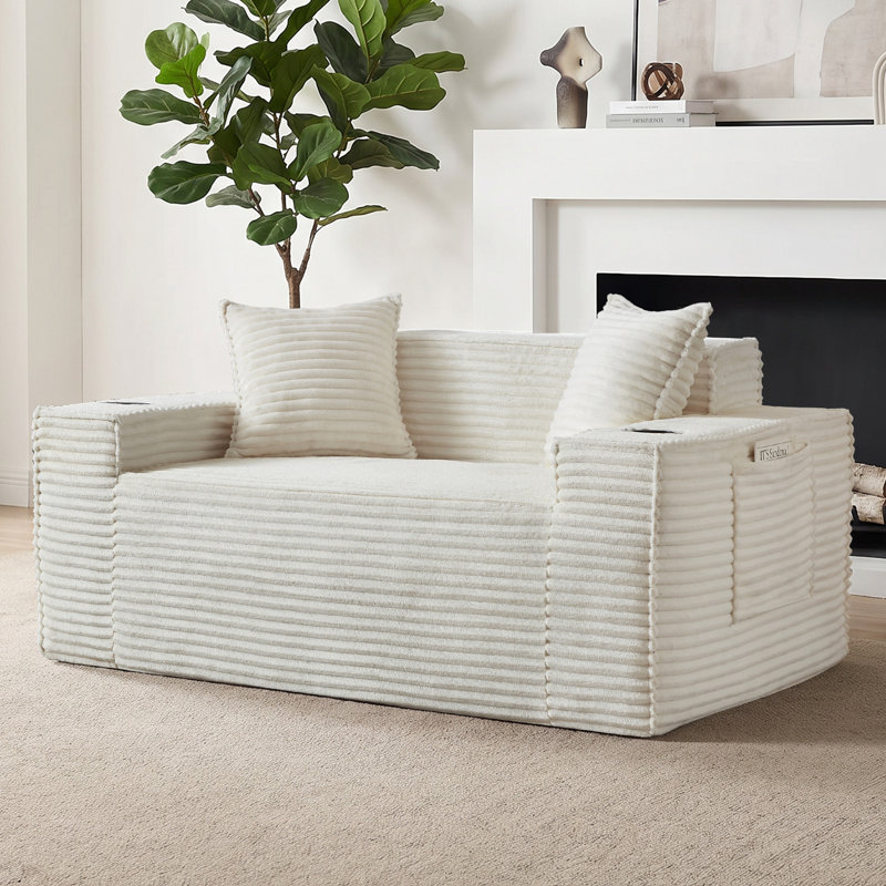 Boneless 61'' W Oversized Foam Sofa Loveseat with Pillows, Compression Corduroy 2-Seater Sofa Upholstered Couch with 2 Cup Holders for Living Room, Bedroom, Apartment, Office