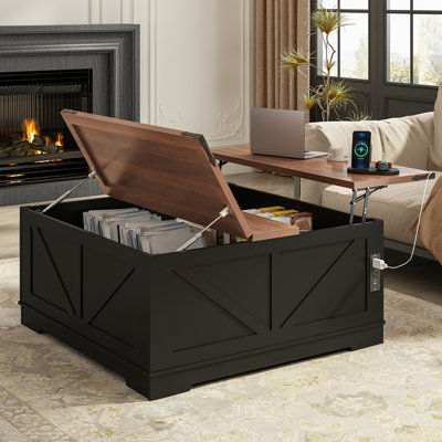 40” Large Farmhouse Lift Top Coffee Table with Power Outlets and Large Hidden Storage, Square Wood Living Room Table W/Large Hidden Space, Multi-Function Lift Wooden Barn Door Centre Table, Black/ Brown Top