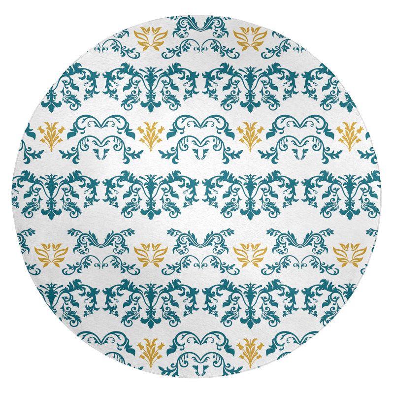 Tapis rond rond damassé à motif baroque blanc
