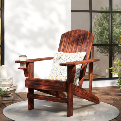 Oversized Adirondack Chair, Outdoor Fire Pit and Porch Seating, Classic Log Lounge w/ Built-in Cupholder, Brown