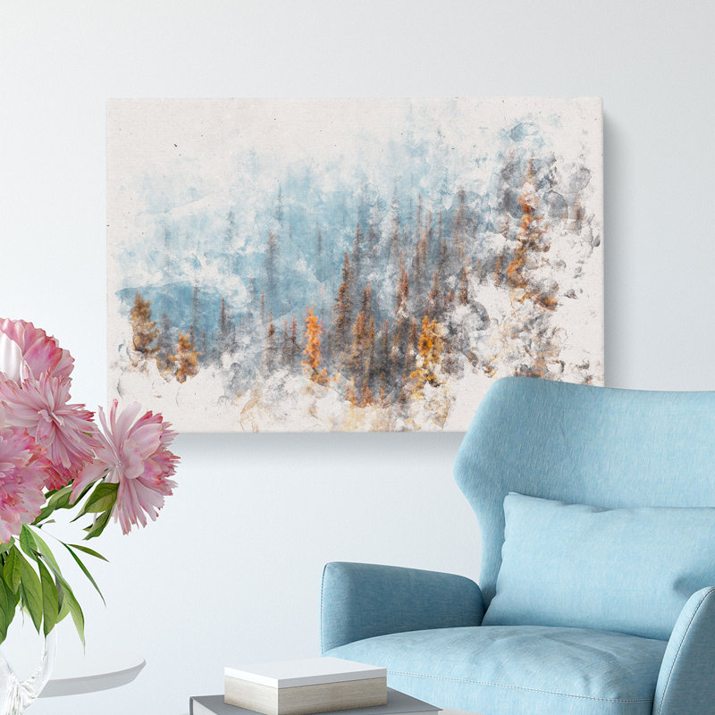 Misty Forest In Banff Canada Watercolour - Wrapped Canvas Print, 50cm H x 76cm W x 3cm D