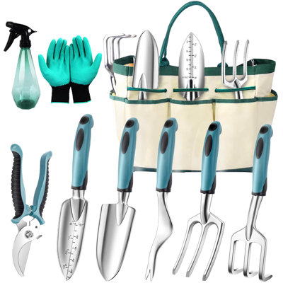 Ensemble d'outils de jardinage 9 pièces, outils à main de jardinage robustes pour femmes, sac à outils de jardinage durable, fournitures de jardinage en aluminium antirouille, cadeaux idéaux pour les femmes et les hommes