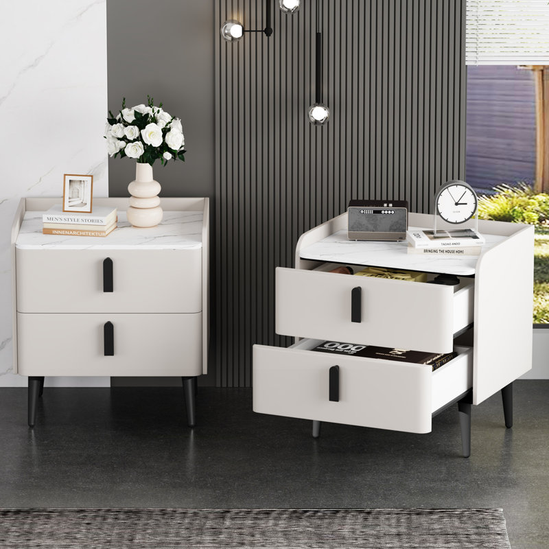 Ensemble de 2 tables de chevet, table de chevet avec 2 tiroirs et plateau de table en marbre, table d'appoint moderne pour la chambre à coucher, table de bout pour le salon, blanc