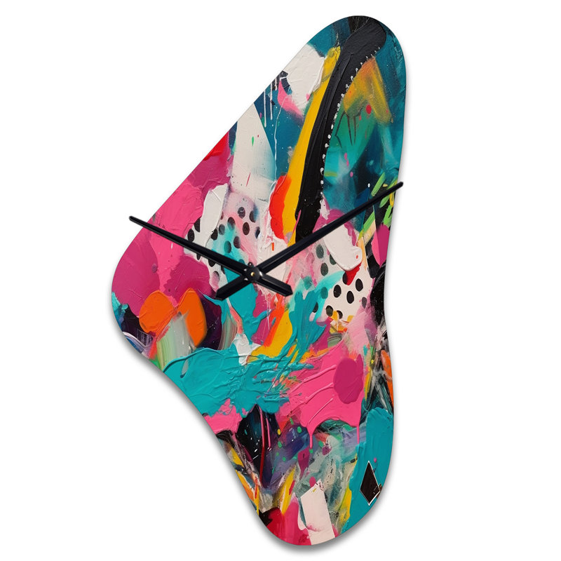 Sculpture horloge murale rose et turquoise abstraite Enigma II - forme rose Boomerang, Grand