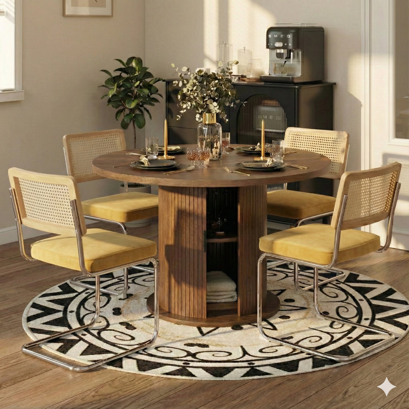 Ensemble de salle à manger à piédestal rond 5 pièces avec chaises cantilever, Jaune