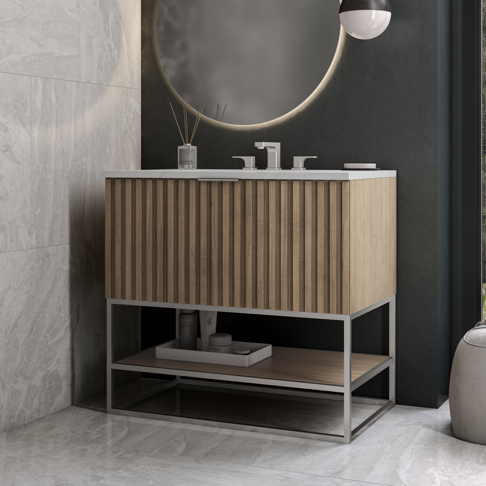 Terra 36" Carrara Marble Single Bathroom Vanity, Cashmere Gray, Brushed Nickel, Calacatta Quartz/Widespread Faucet Mount
