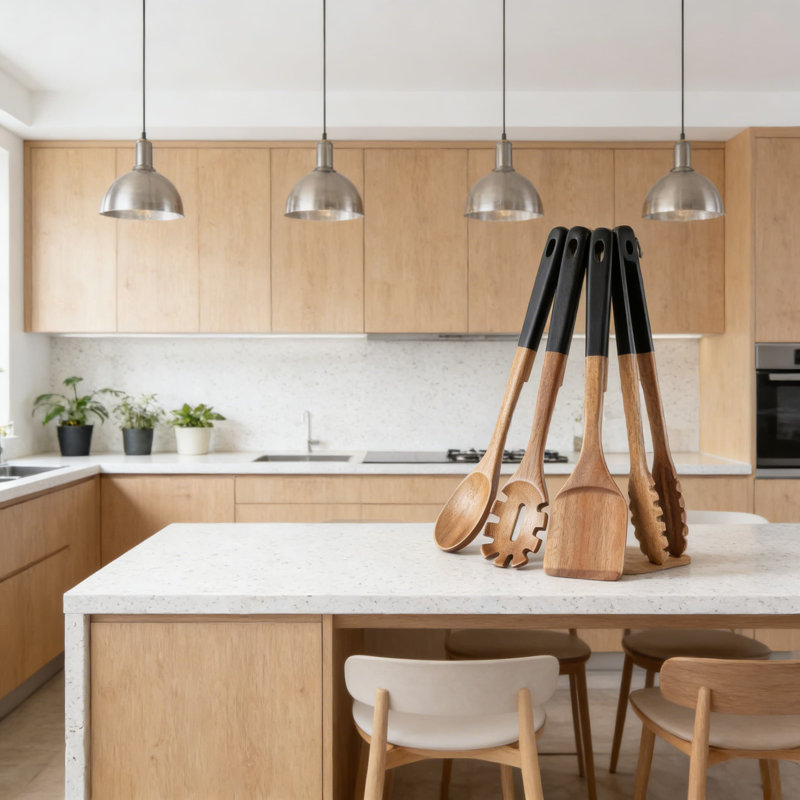 Ensemble d'ustensiles en bois d'acacia 6 pièces pour la cuisine, ustensiles de cuisine anti-égratignures avec trou de suspension et cran d'arrêt sécuritaire, poignées ergonomiques lisses