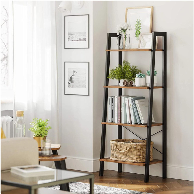 4-Tier Ladder Shelf Wall Ladder Bookshelf Bookcase, Rustic Brown/Black