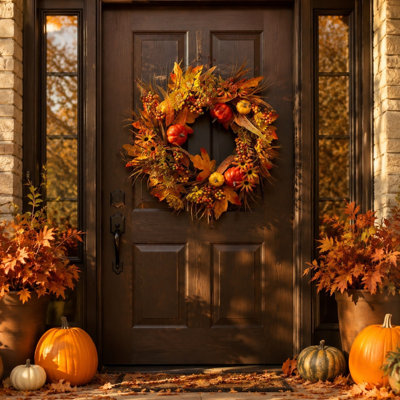 Autumning Wreath Pumpkin Berry Door Hanger Harvests Vines Ring Artificial Maple Leaf Wreath For Thanksgiving