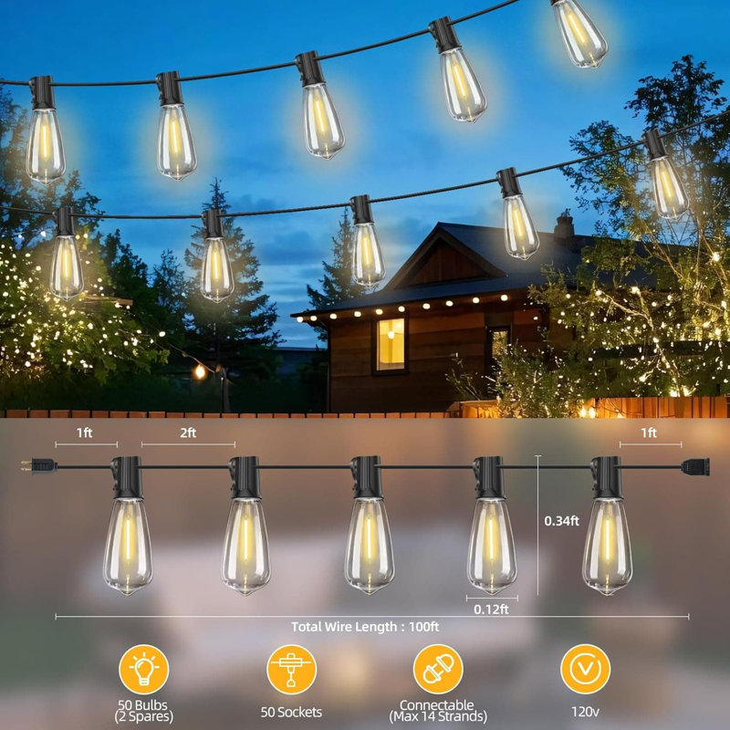 Guirlande lumineuse 100 pi avec 50 + 2 ampoules, lumières de patio E17 connectables, blanc chaud 0,6 W et 2 700 K pour le jardin, la cour, le bistro, la terrasse, le pavillon de jardin et la décoration de fête