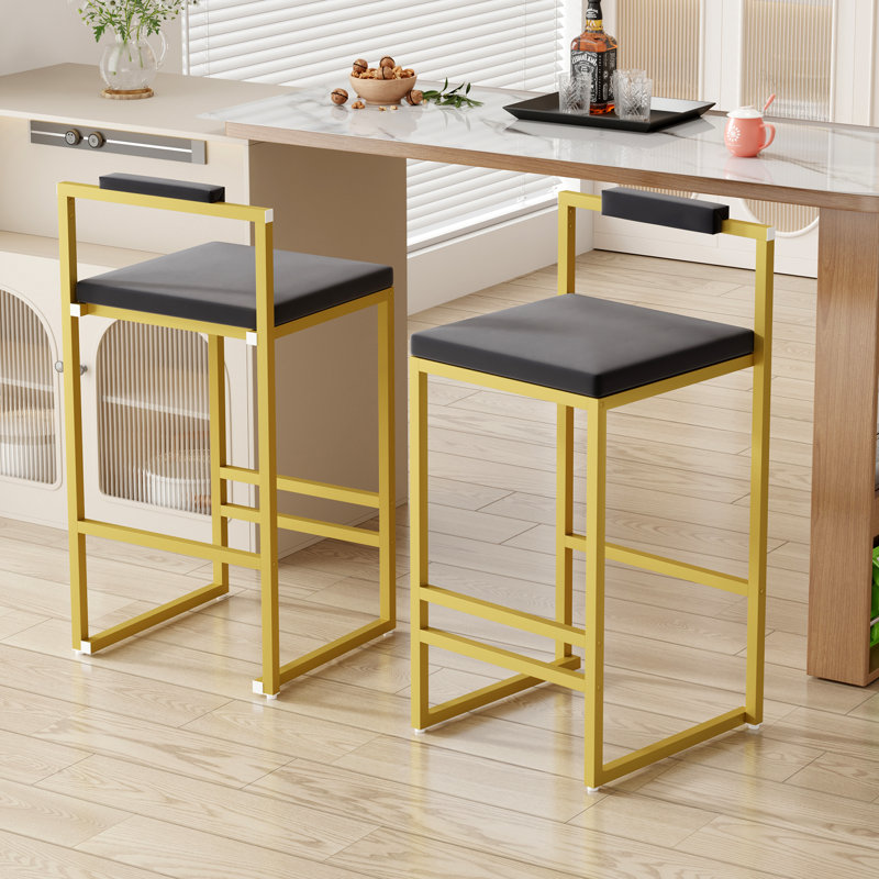 Ensemble de 2 tabourets de bar avec dossier et repose-pieds, chaises de salle à manger rembourrées en velours pour îlot de cuisine (doré et gris)