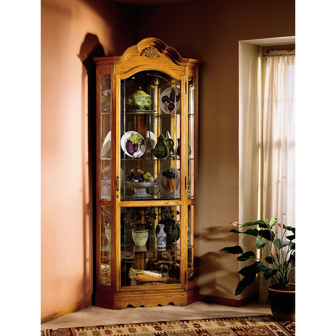 Wilshire Corner Curio Cabinet, Golden Oak Finish, Arched Bonnet, Mirrored Back, Crystal-Cut Glass Door Darby Home Co