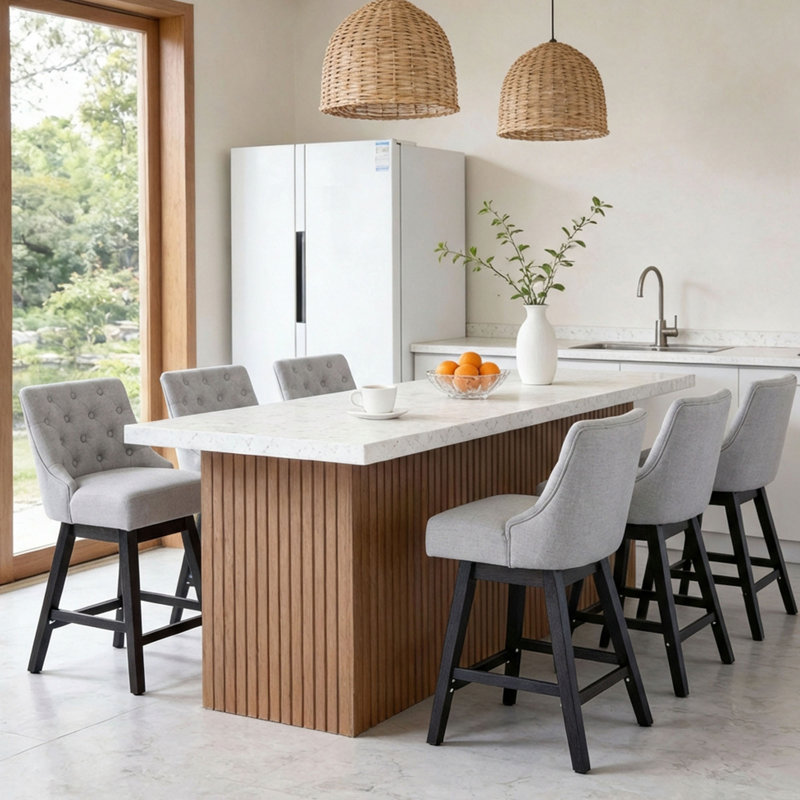25.6" Swivel Bar Stools Set Of 3, Counter Height Barstools With Back, Linen Fabric Upholstered Bar Stools, Modern Barstools Wood Legs For Kitchen Island Dining Room Bar