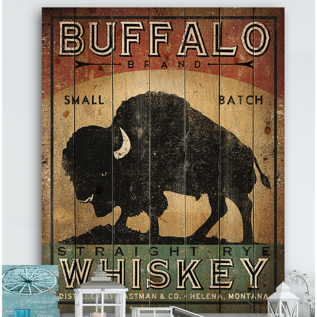 Vintage Buffalo Whiskey - Wildlife Print on Natural Pine Wood East Urban Home