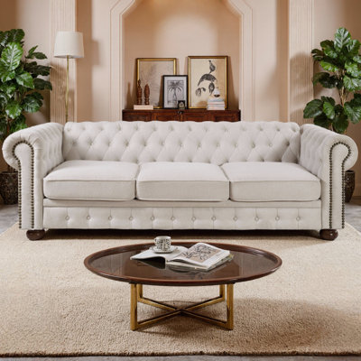 88.5" Chesterfield Sofa, Linen Couch Upholstered Sofa With Low Back, Rolled Arm Nailhead Trim Classic 3 Seater Sofa - Beige