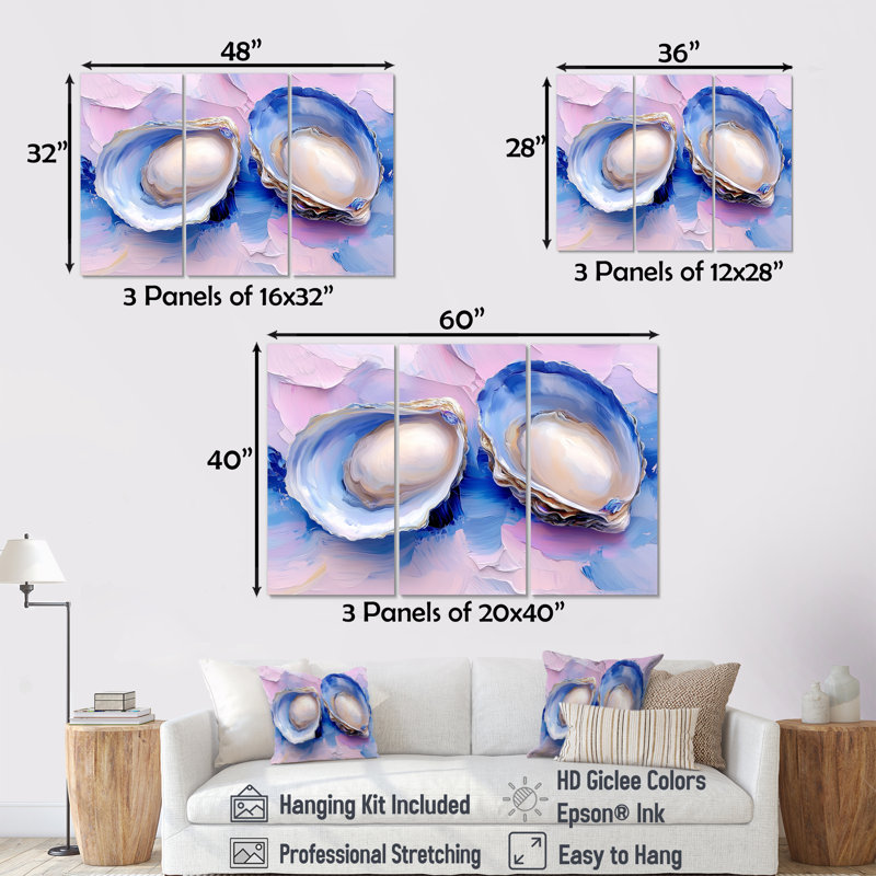 White Pink Marbled Oysters II - Seashells Wall Decor Set, 28" H x 36" W x 1" D, Wrapped Canvas