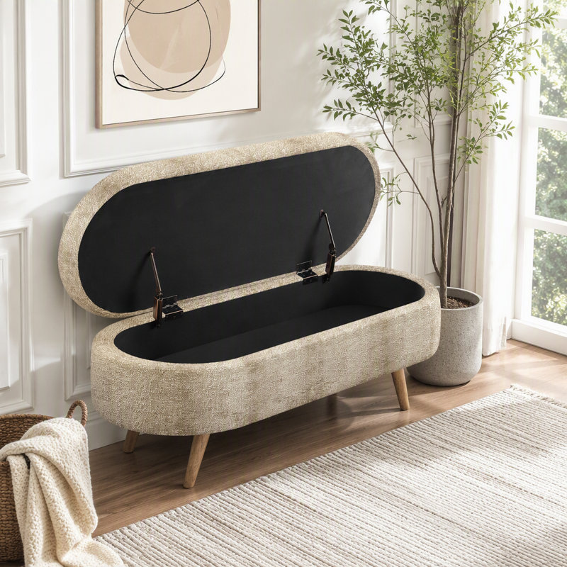 Banc de rangement repose-pieds ovale, pieds en bois d'hévéa, Brun