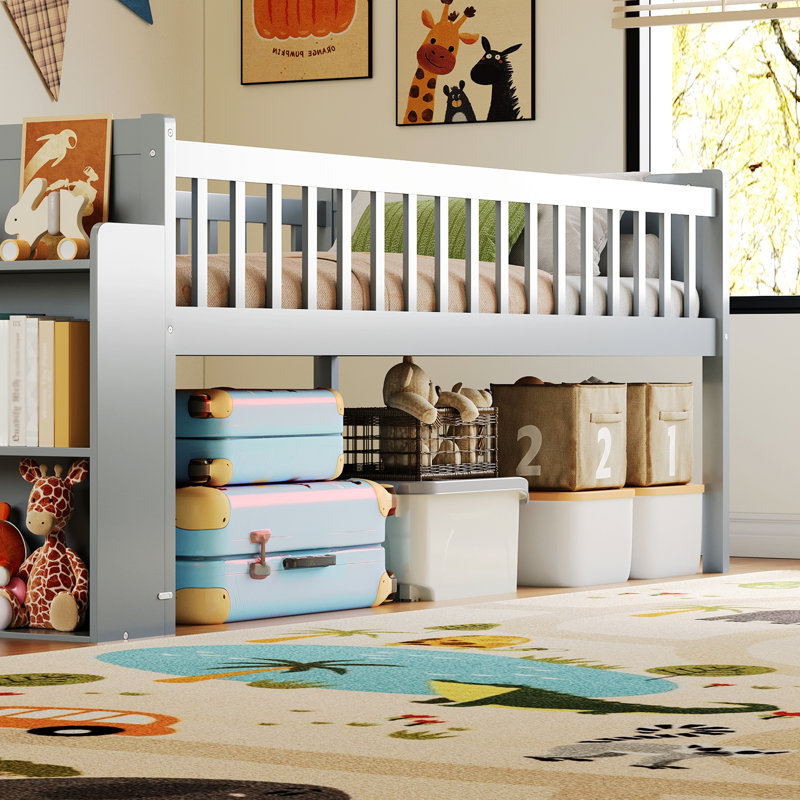 Bed Frame With Storage Shelf, Wooden Bed With Slide And Ladder, Guardrail, Gray
