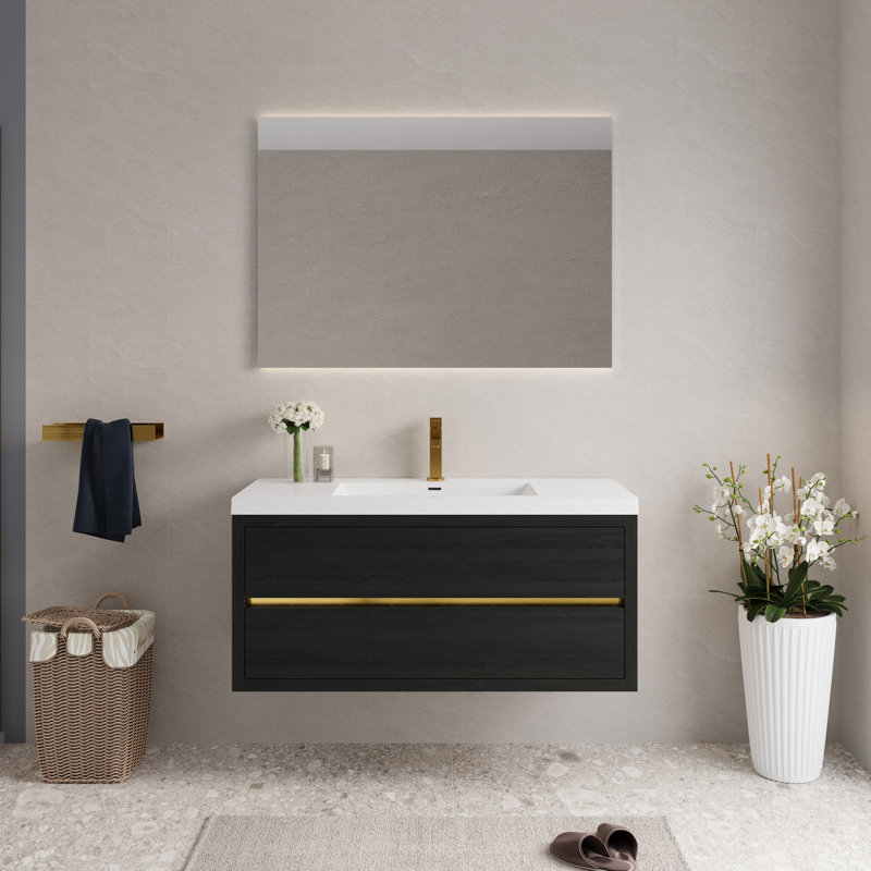 Meuble-lavabo mural 48 po avec lavabo, meuble de rangement flottant, comptoir en résine de pierre, bois, tiroirs à fermeture en douceur préassemblés, utilisation en bois à long terme pour la performance